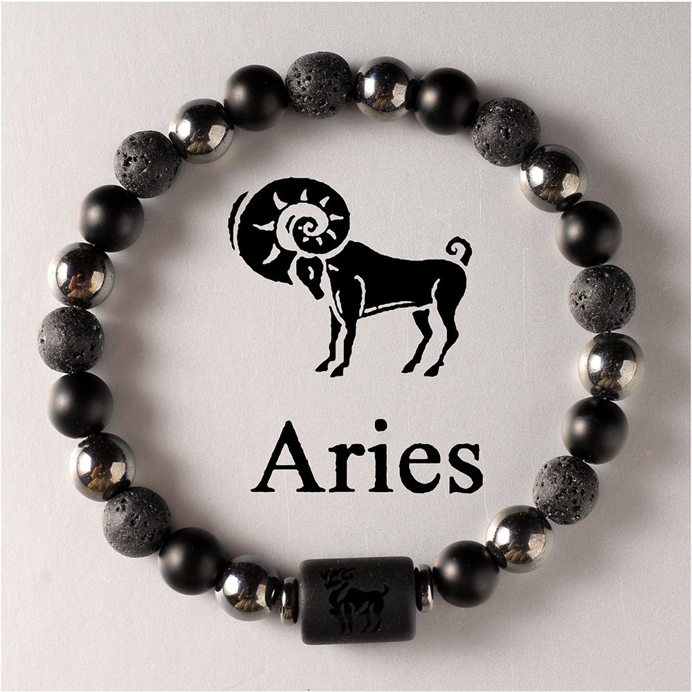 Zodiac Signs Round Stone Elastic Black Bracelets for Everyday Wear
