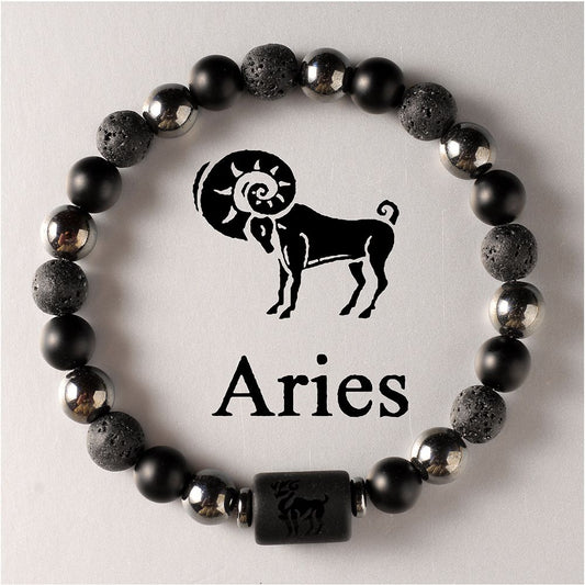 Zodiac Signs Round Stone Elastic Black Bracelets for Everyday Wear