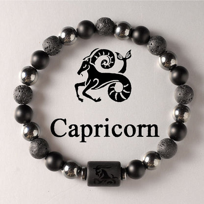 Zodiac Signs Round Stone Elastic Black Bracelets for Everyday Wear