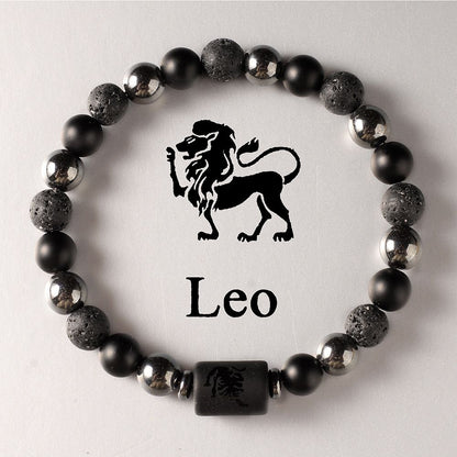Zodiac Signs Round Stone Elastic Black Bracelets for Everyday Wear