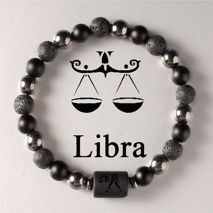 Zodiac Signs Round Stone Elastic Black Bracelets for Everyday Wear