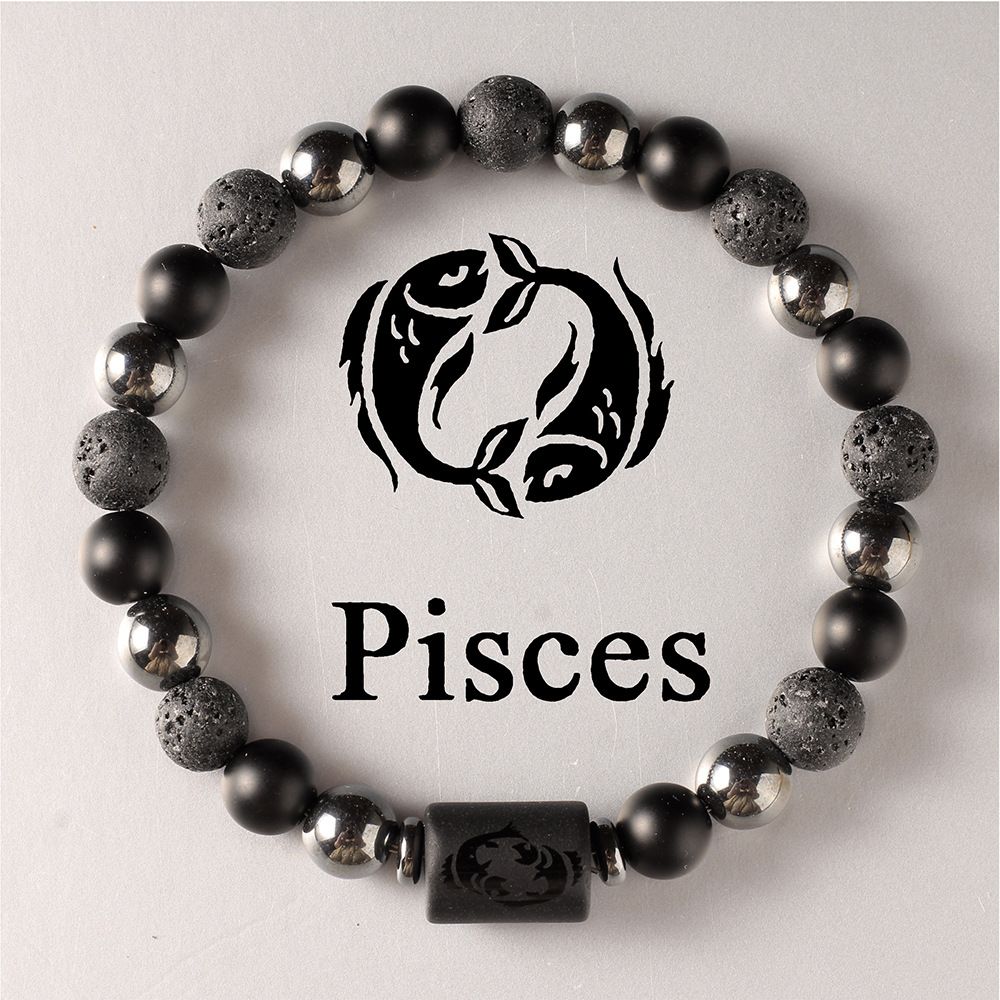 Zodiac Signs Round Stone Elastic Black Bracelets for Everyday Wear