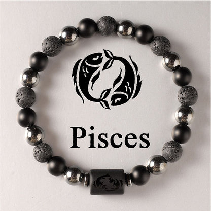 Zodiac Signs Round Stone Elastic Black Bracelets for Everyday Wear