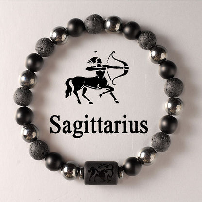 Zodiac Signs Round Stone Elastic Black Bracelets for Everyday Wear