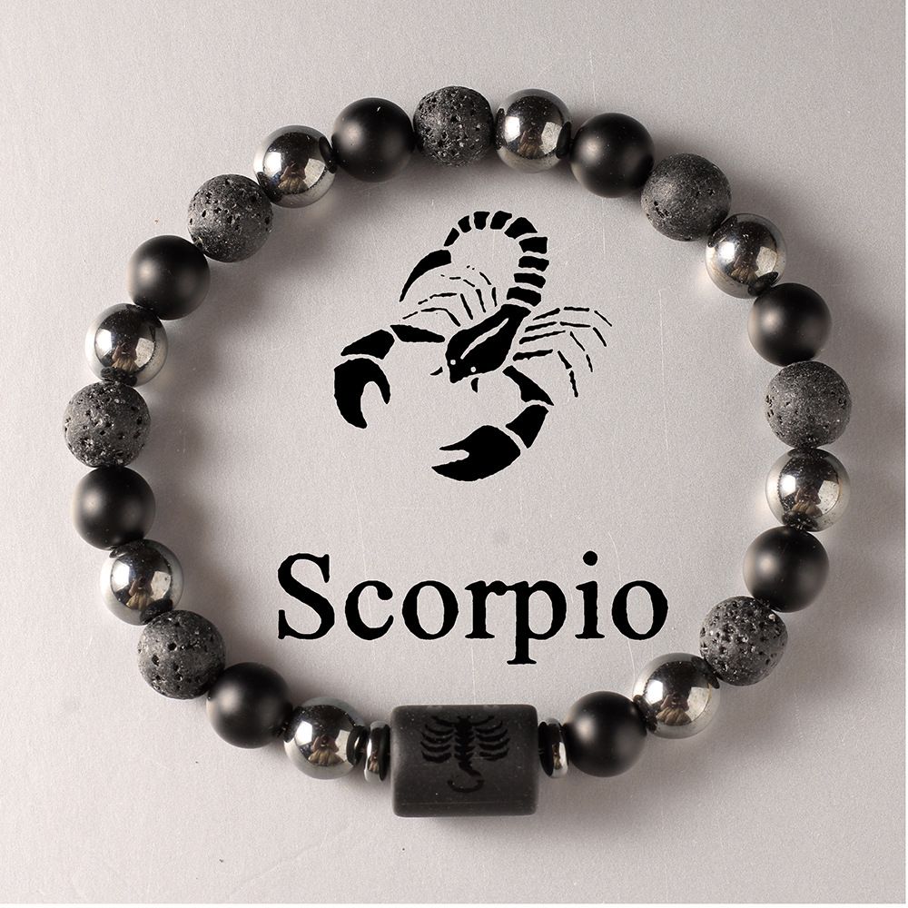 Zodiac Signs Round Stone Elastic Black Bracelets for Everyday Wear