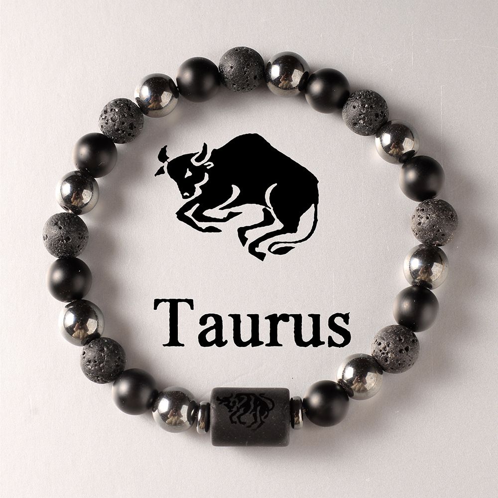 Zodiac Signs Round Stone Elastic Black Bracelets for Everyday Wear