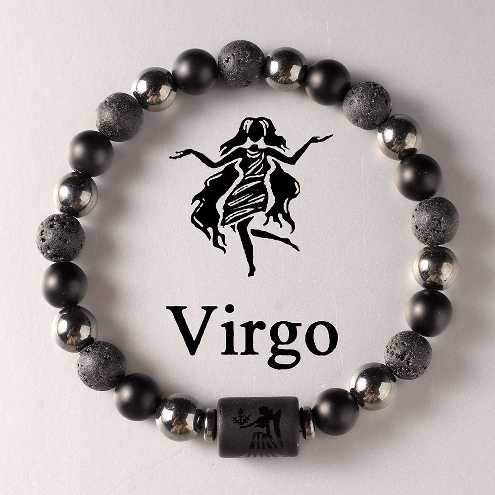 Zodiac Signs Round Stone Elastic Black Bracelets for Everyday Wear