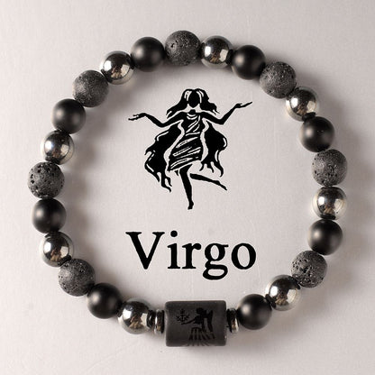Zodiac Signs Round Stone Elastic Black Bracelets for Everyday Wear