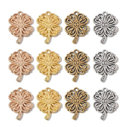 5PCS Ornate Four Leaf Clover Charm for Jewelry Making Findings 19x26mm