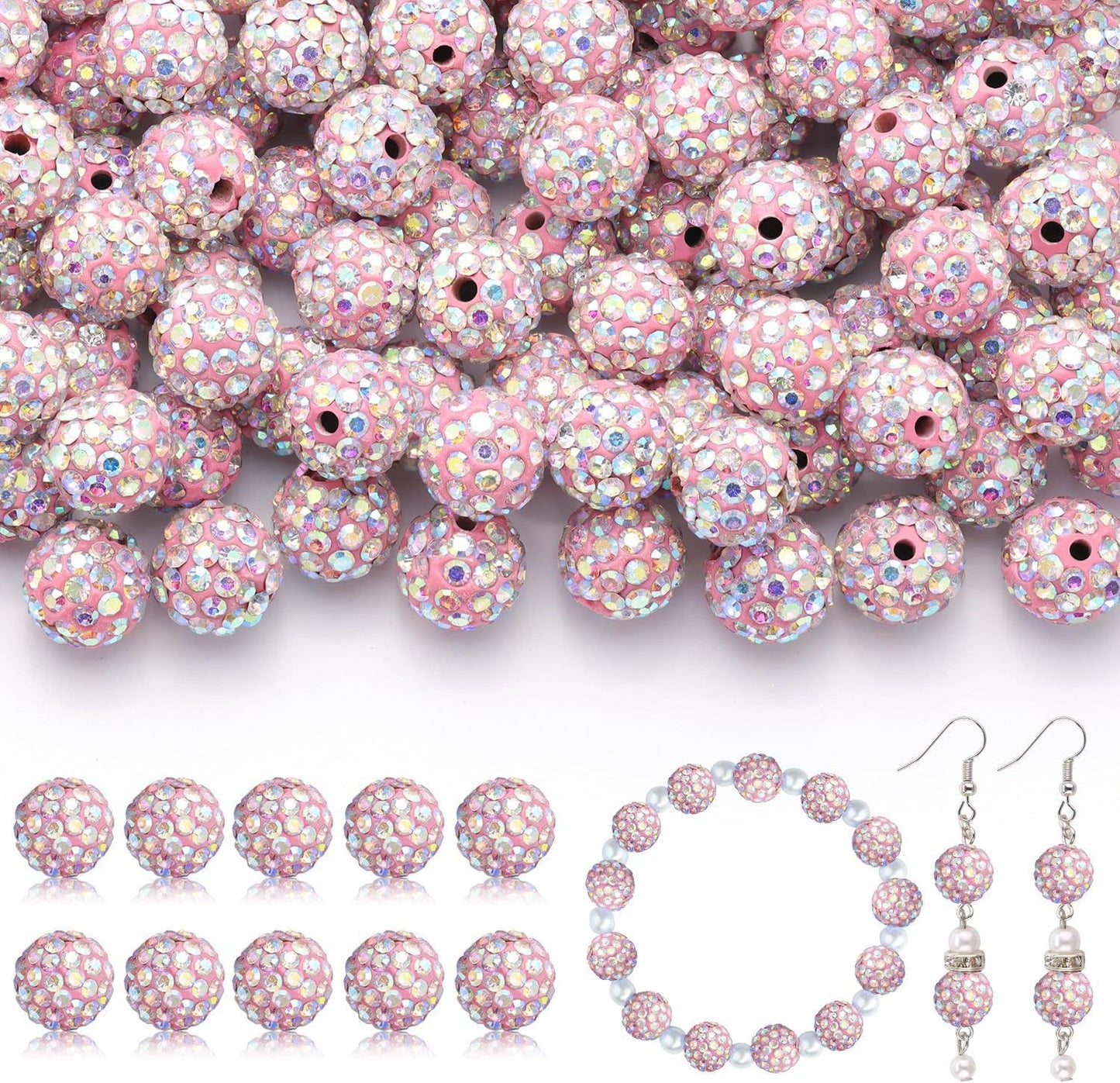 100pcs 10mm Rhinestone Beads Shiny Round Disco Ball Beads Bulk, Sparkle Crystal Clay