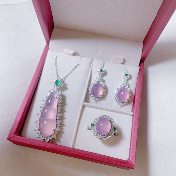 Stunning Jade Diamond Jewelry Set with Necklace, Earrings, Ring and Luxury Gift Box