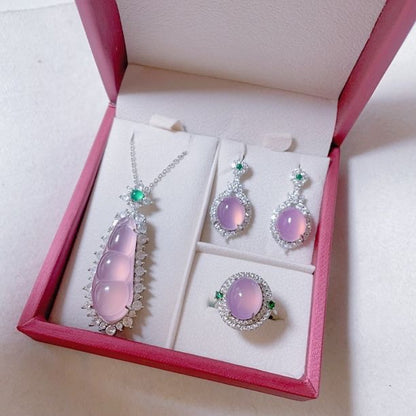 Stunning Jade Diamond Jewelry Set with Necklace, Earrings, Ring and Luxury Gift Box