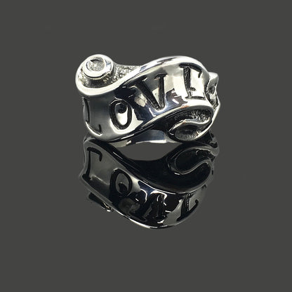 925 Sterling Silver Fashion Jewelry Retro Hand-Carved Letters Love Ring