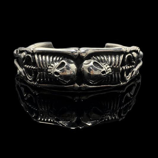 Retro Silver Double Skull Open Bracelet