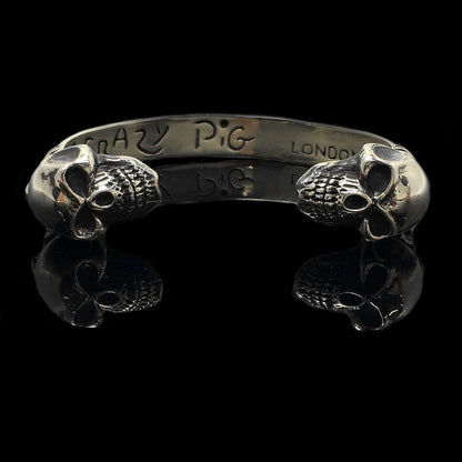 Retro Silver Domineering Double Skull Open Bangle