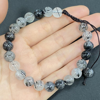 Black Rutilated Quartz for Protection and Apotropaic Briaded Rope Crystal Bracelet