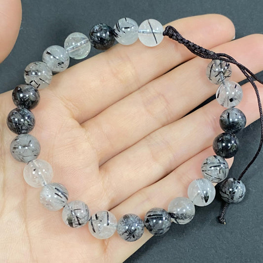 Black Rutilated Quartz for Protection and Apotropaic Briaded Rope Crystal Bracelet