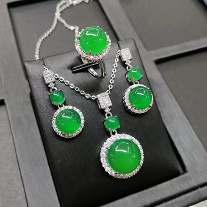 Stunning Jade Diamond Jewelry Set with Necklace, Earrings, Ring and Luxury Gift Box
