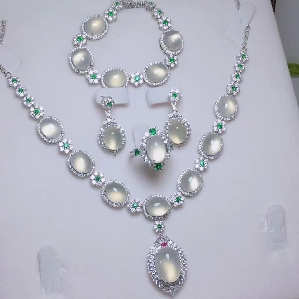 Stunning Jade Diamond Jewelry Set with Necklace, Earrings, Ring and Luxury Gift Box