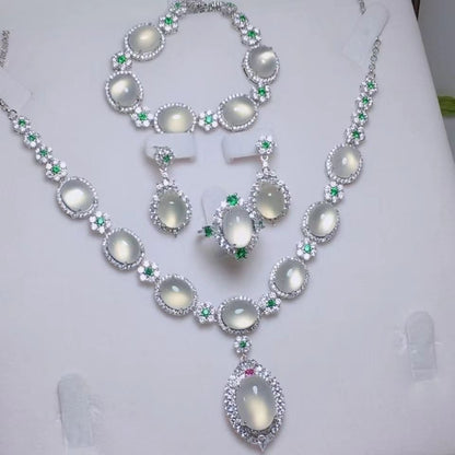 Stunning Jade Diamond Jewelry Set with Necklace, Earrings, Ring and Luxury Gift Box