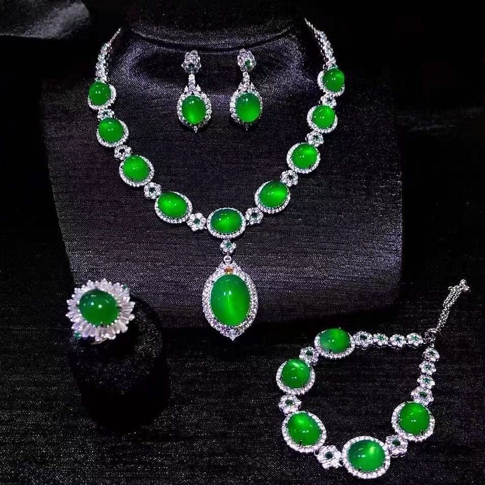 Stunning Jade Diamond Jewelry Set with Necklace, Earrings, Ring and Luxury Gift Box