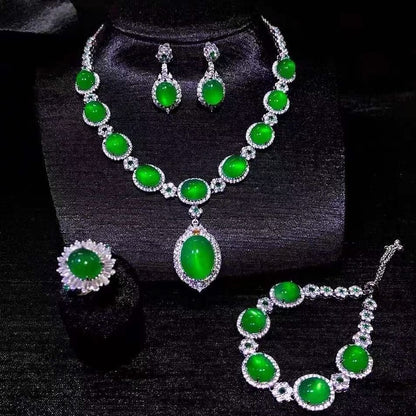 Stunning Jade Diamond Jewelry Set with Necklace, Earrings, Ring and Luxury Gift Box