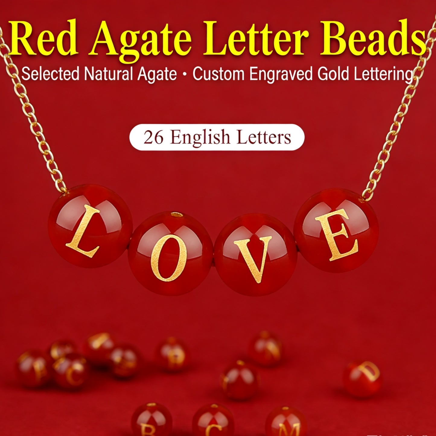 Natural Red Agate Beads - 26 Alphabet Loose Beads for Engraving Customization DIY