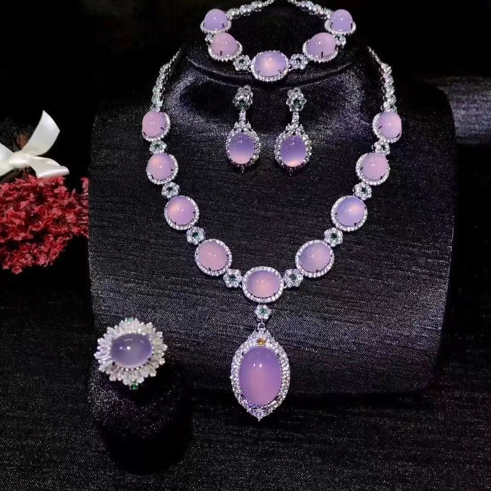 Stunning Jade Diamond Jewelry Set with Necklace, Earrings, Ring and Luxury Gift Box