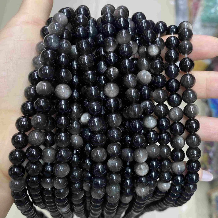 Round Silver Obsidian Beads