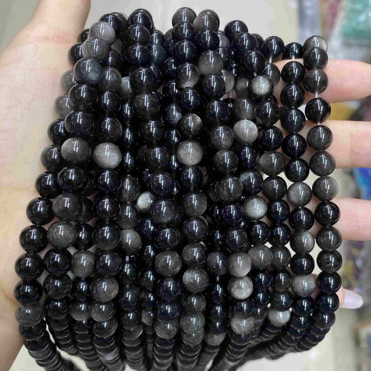 Round Silver Obsidian Beads