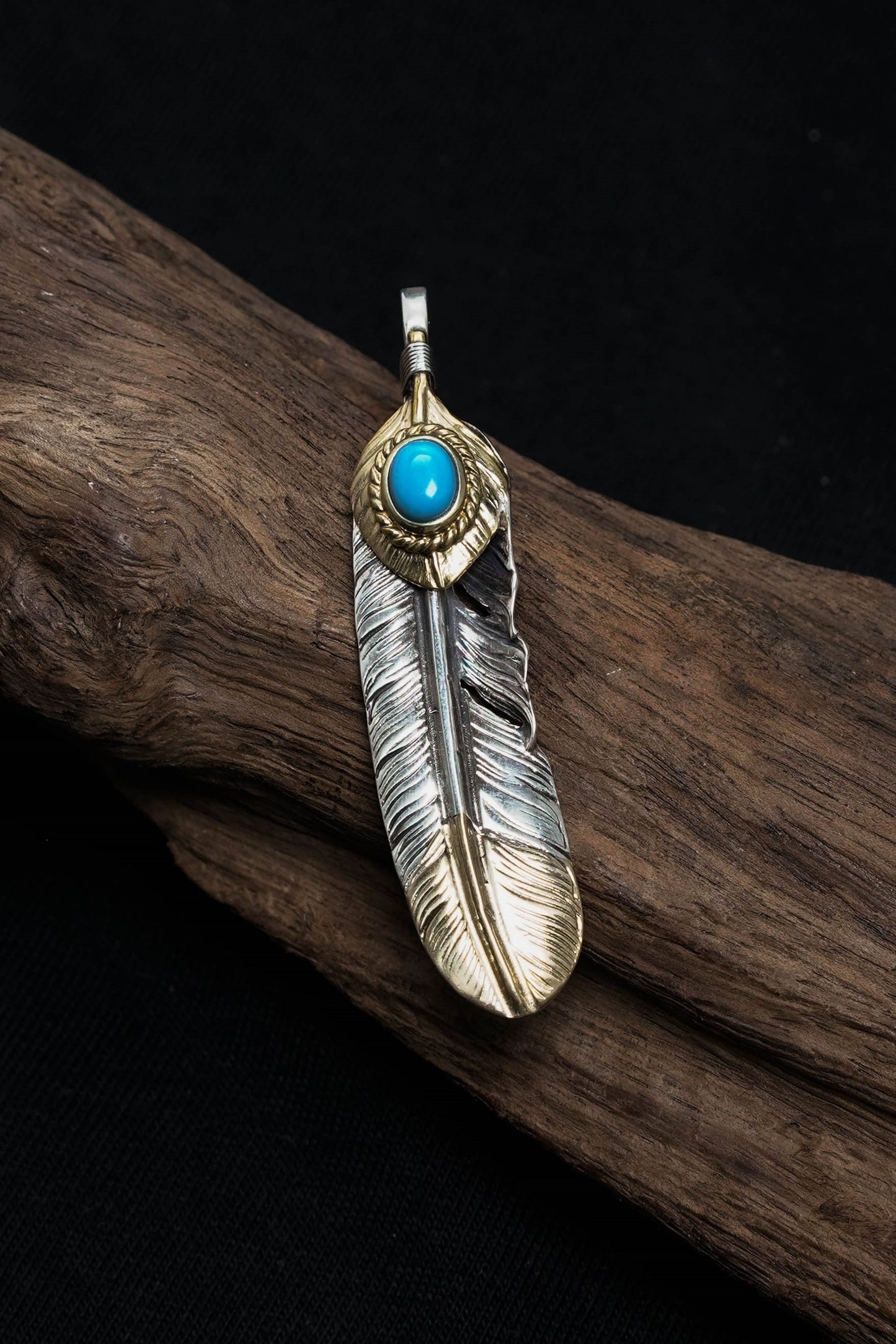 Left John Mayer Necklace Feather Leaf Retro 925 Silver Goro Takahashi Pendant with Brass Turquoise