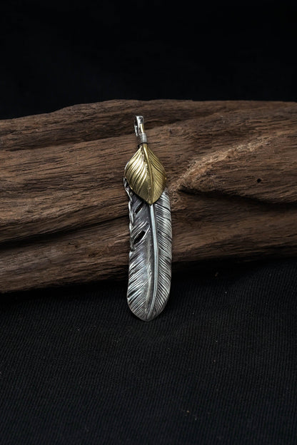Right Feather Brass Leaf Retro 925 Silver Pendant Japan Takahashi Goro