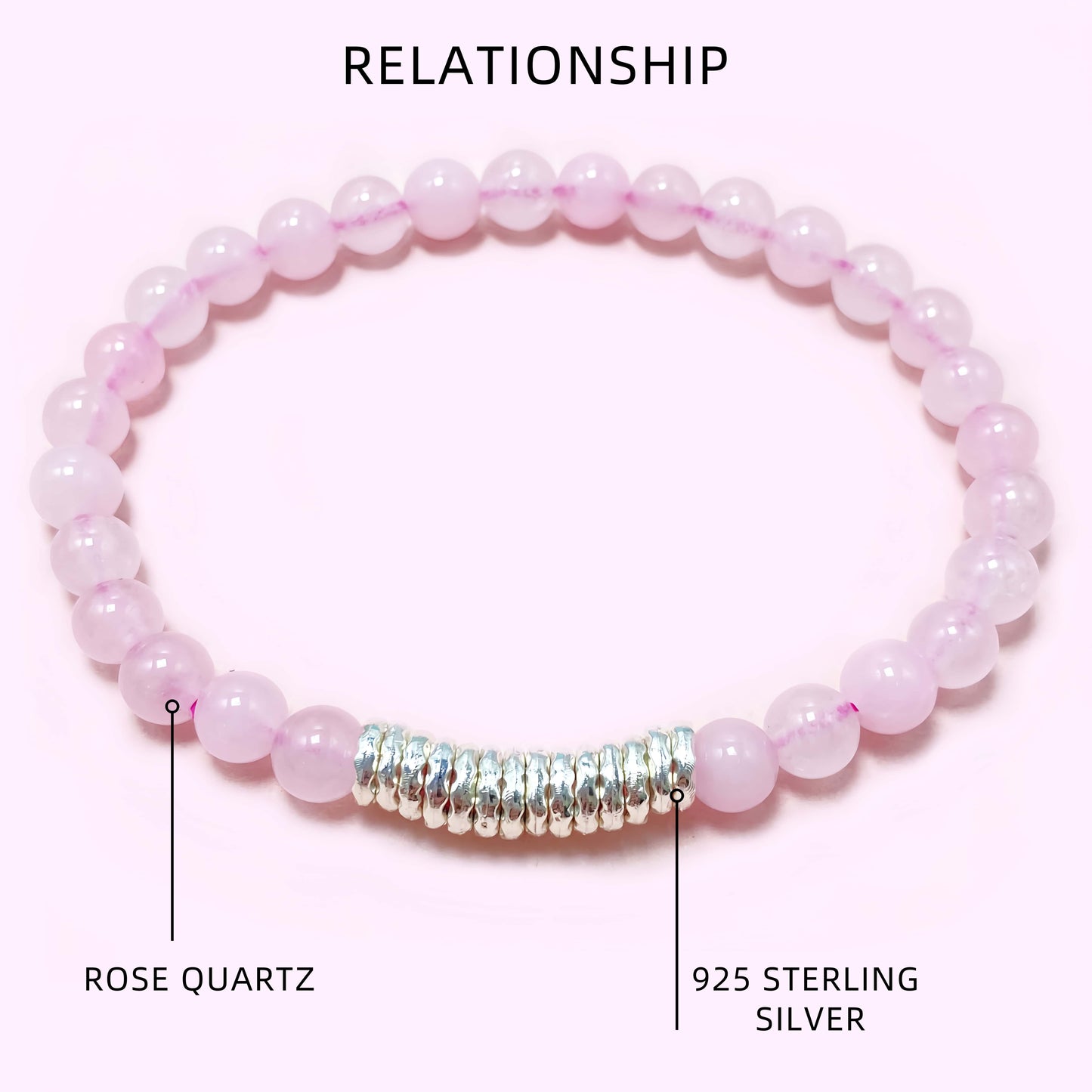 Sterling Silver Pink Rose Quartz Crystal Bracelet for Love and Relationship