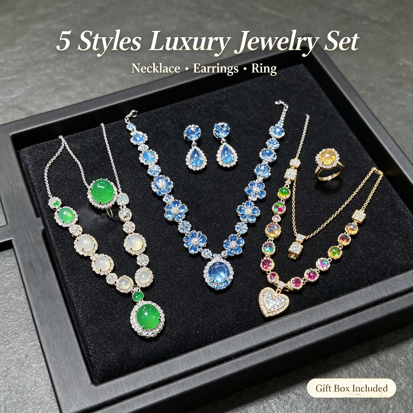Stunning Jade Diamond Jewelry Set with Necklace, Earrings, Ring and Luxury Gift Box