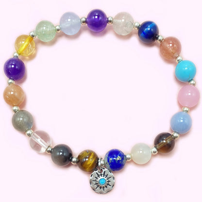 Colorful Seven Chakra Crystal Bracelet with Sun Charm