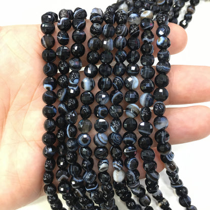 Natural Black Agate Onyx Faceted Small Coin